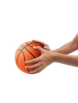 Hand and basketball isolated on white background
