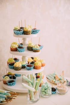 Dessert Sweet Tasty cupcake in Candy Bar On Table. Delicious sweet buffet.
