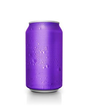 Purple aluminum cans with water droplets on a white Background