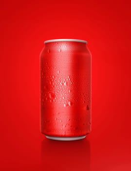 Red aluminum cans with water droplets on a red Background