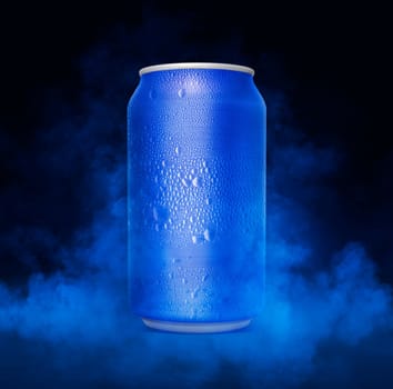 An unbranded freezing cold aluminum tin can with cold vapor an isolated dark studio background. 3D render