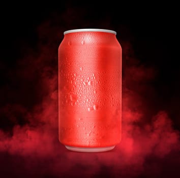 An unbranded freezing cold aluminum tin can with cold vapor an isolated dark studio background. 3D render