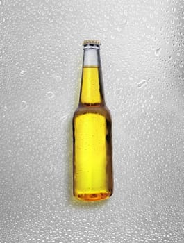 Beer bottle with water drops on water drops background. 3d render