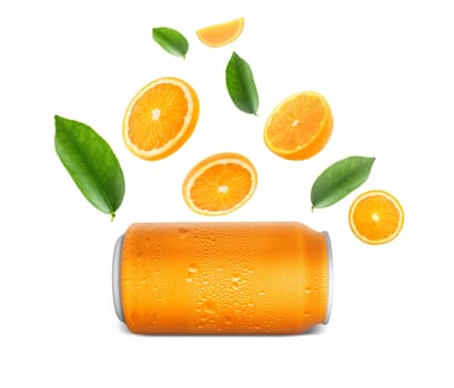 Aluminum orange soda can and falling juicy oranges with green leaves isolated on background. Flying defocusing slices of oranges. Applicable for fruit juice advertising