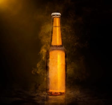 Beer bottle with water drops on the color smoke background. 3d render