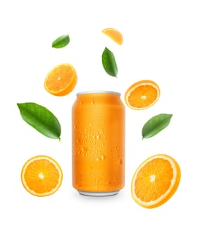 Aluminum orange soda can and falling juicy oranges with green leaves isolated on background. Flying defocusing slices of oranges. Applicable for fruit juice advertising