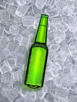 Beer bottle with water drops of cold beverage, ice cube a of juicy. Summer refreshing drink