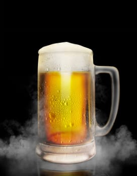 Beer glass with water drops on the white color smoke dark background. 3d render