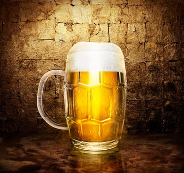 beer glass on dark golden color background. 3d render