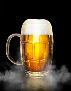 Beer glass with water drops on the white color smoke dark background. 3d render