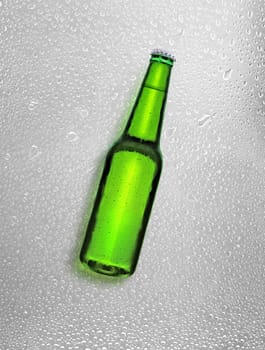 Beer bottle with water drops on water drops background. 3d render