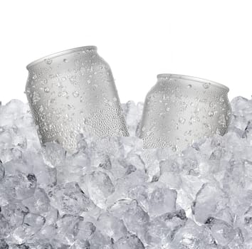 Cans with water droplets and ice on ice cubes Isolated on white background