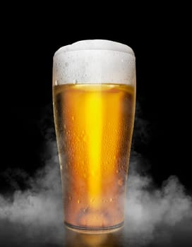 Beer glass with water drops on the white color smoke dark background. 3d render