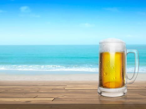 Cold beer on desk and background of summer beach