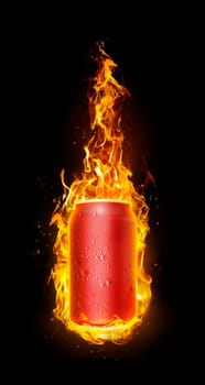 Cold drink cans in flames. Refreshing drink concept for summer. 3d render