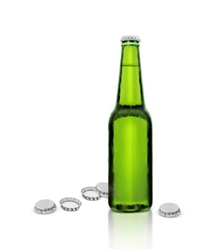 bottle of beer and silver bottle cap isolated on white background. 3d render