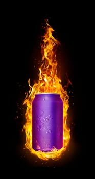 Cold drink cans in flames. Refreshing drink concept for summer. 3d render