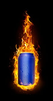 Cold drink cans in flames. Refreshing drink concept for summer. 3d render