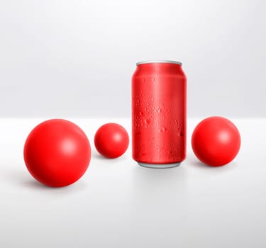Cans with water droplets and Red sphere with shadow. 3D render