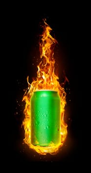 Cold drink cans in flames. Refreshing drink concept for summer. 3d render