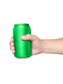 Man holding aluminum can with water droplets isolated on white background
