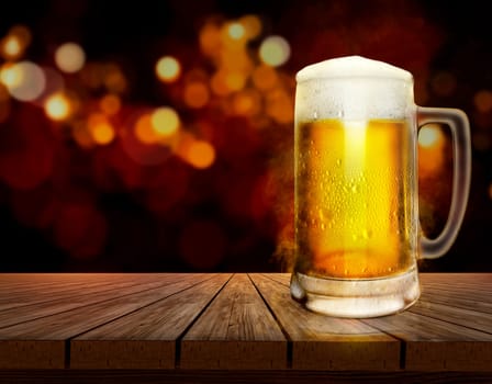 beer glass with water drops on wooden table shining bokeh background. 3d render