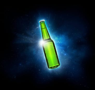 Beer bottle with water droplets. the drink quench thirst concept