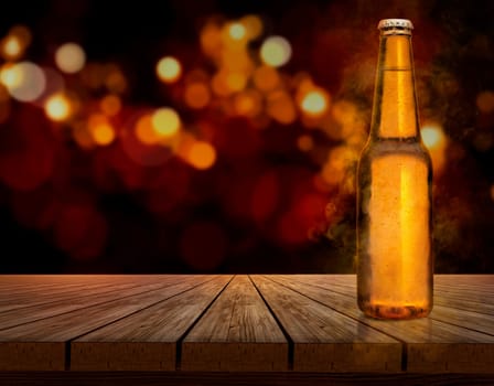 Beer bottle with water drops on wooden table shining bokeh background. concept for choosing best design