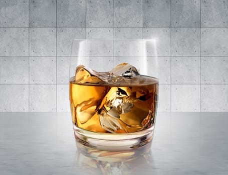 Glass of whiskey on concrete room floor. 3d render