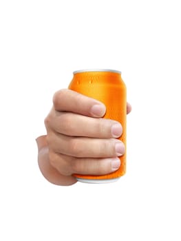 Man holding aluminum can with water droplets isolated on white background