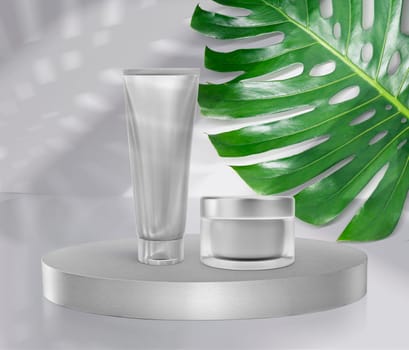 Empty packaging clear, cosmetic cream jar on Empty round pedestal, with monstera leaf background. 3d render