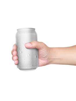 Man holding aluminum can with water droplets isolated on white background
