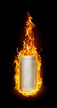 Cold drink cans in flames. Refreshing drink concept for summer. 3d render
