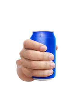 Man holding aluminum can with water droplets isolated on white background