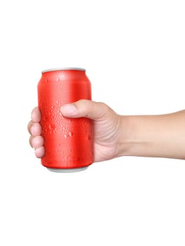 Man holding aluminum can with water droplets isolated on white background