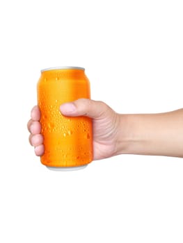 Man holding aluminum can with water droplets isolated on white background