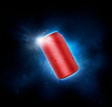 Red aluminum cans with water droplets. the drink quench thirst concept