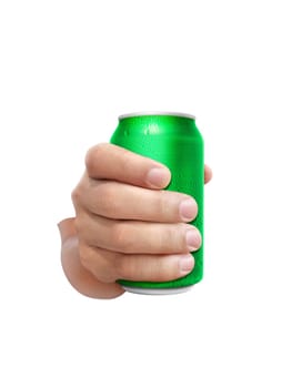 Man holding aluminum can with water droplets isolated on white background