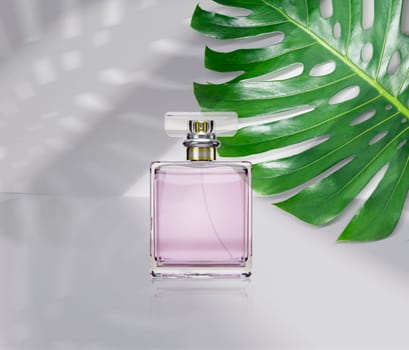 perfume bottle product advertisement, with monstera leaf background. 3d render