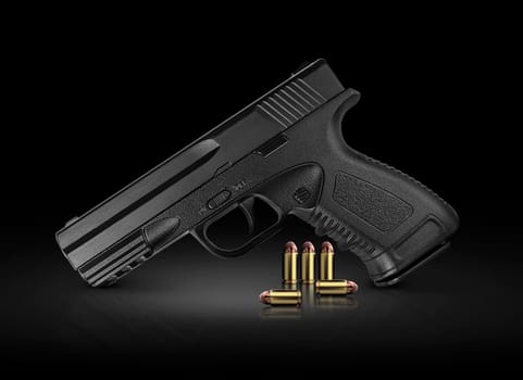 gun metal and bullet on black background with reflexion. 3d render