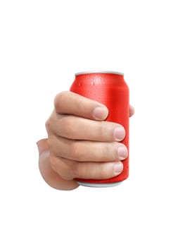 Man holding aluminum can with water droplets isolated on white background