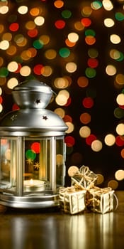 Christmas composition: a lantern with candles, bright shiny boxes with gifts, blurred bokeh lights in the background.