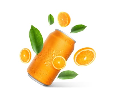 Aluminum orange soda can and falling juicy oranges with green leaves isolated on background. Flying defocusing slices of oranges. Applicable for fruit juice advertising