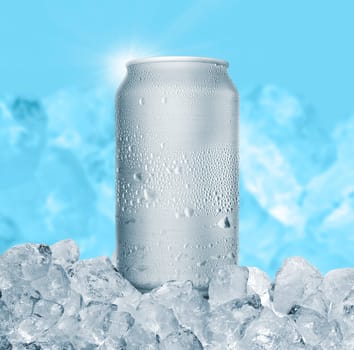 Aluminum Tin Can with ice cubes on blue background. Blank metallic can drink beer soda water juice packaging
