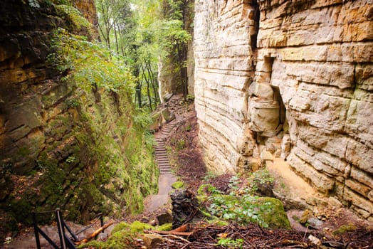 Gorges du loup or Wolfsschlucht on the Mullerthal trail near Echternach in Luxembourg, canyon with sandstone rock formation