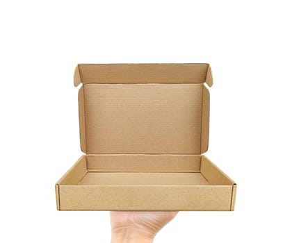 Empty cardboard box with copy space in the male hands on the white background