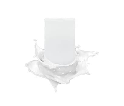 Milk carton packaging and milk splashes isolated on white background