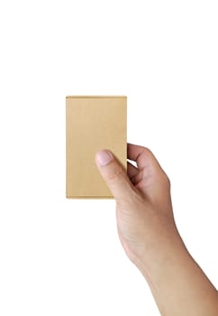 hand holding brown paper box package isolated on white background