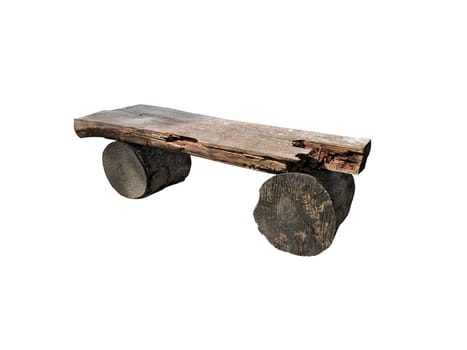 Ancient rural bench from logs. Isolated over white. Roughly hammered together wooden bench.