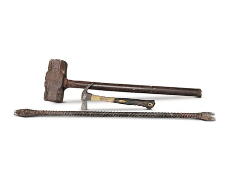 old hammer and old crowbar on a white background
